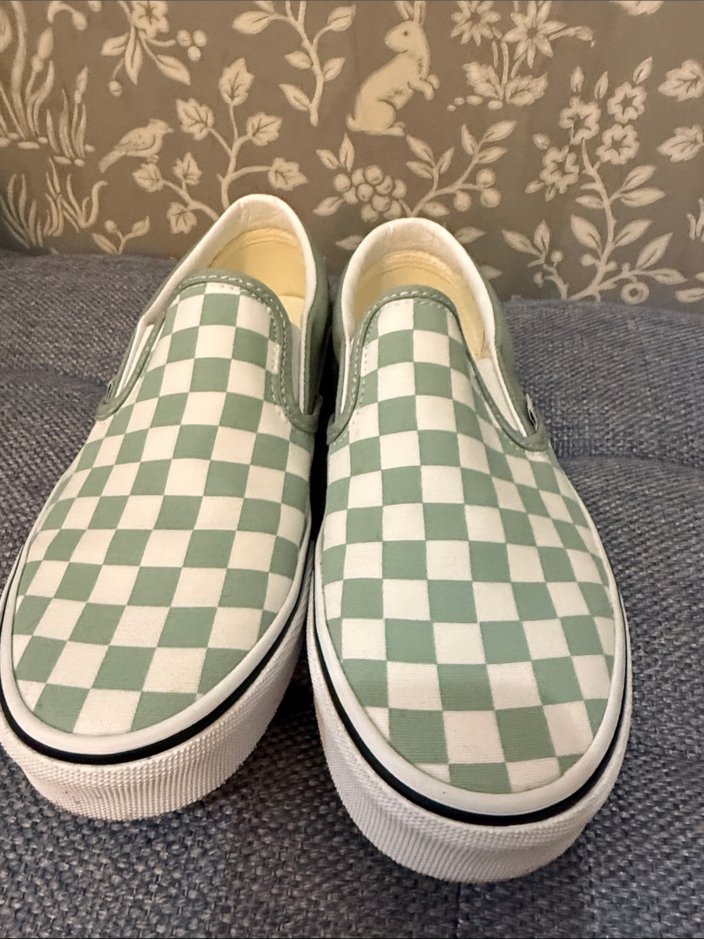 Vans  Checkerboard Slip-On Sneakers in Sage and White